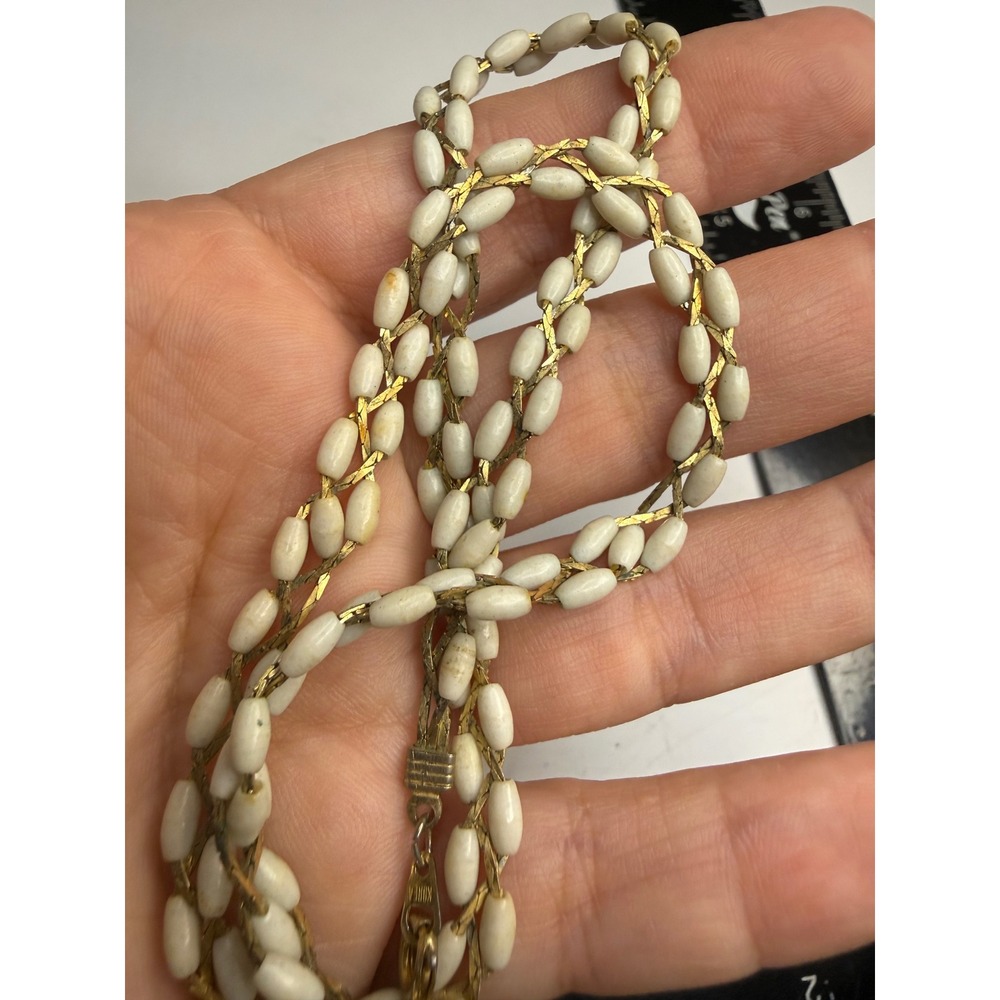 Vintage Korea White Oval Bead Multi Strand Gold Tone Herringbone Chain Necklace